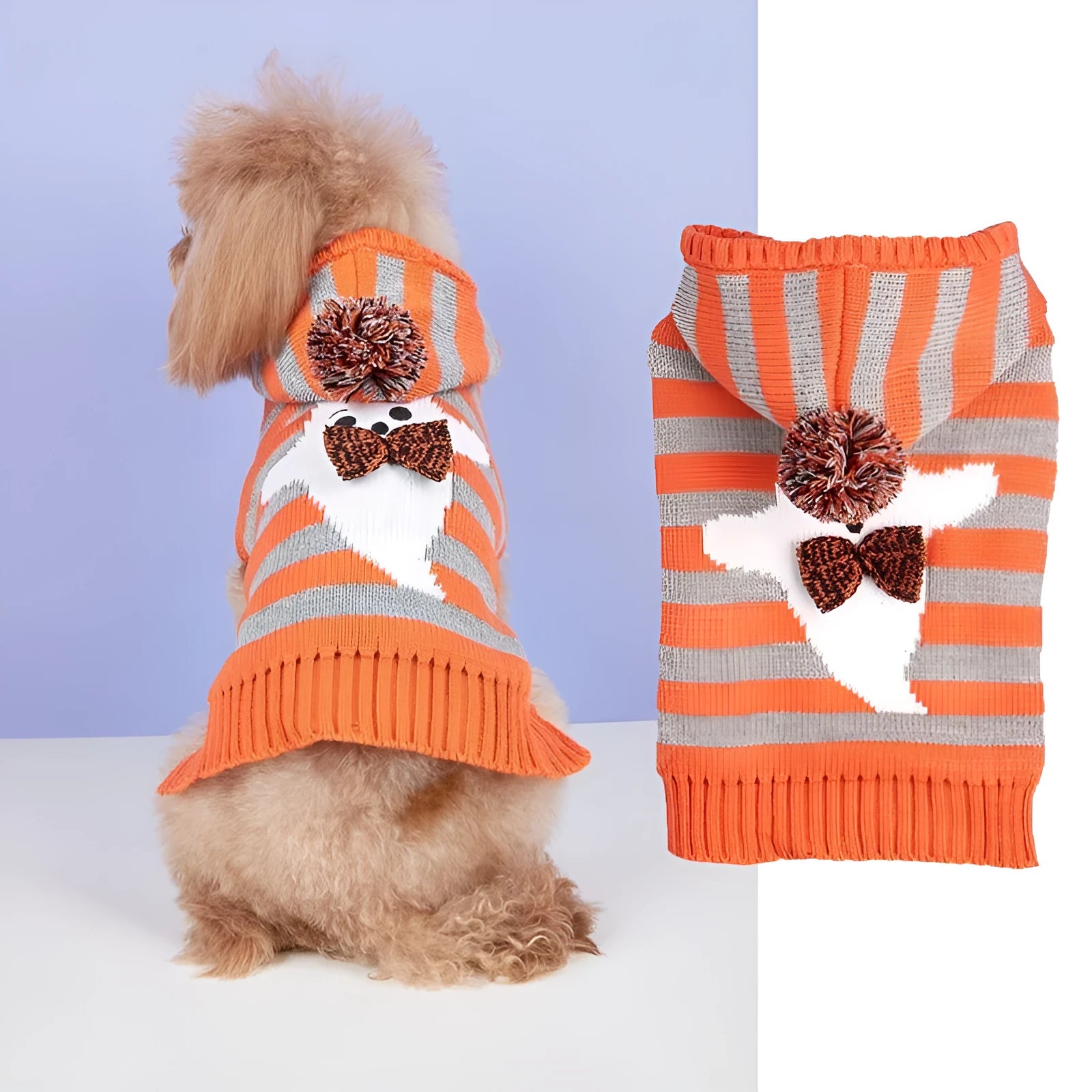 Orange Halloween knitted pet sweater with striped pattern and hooded design featuring fur ball decoration