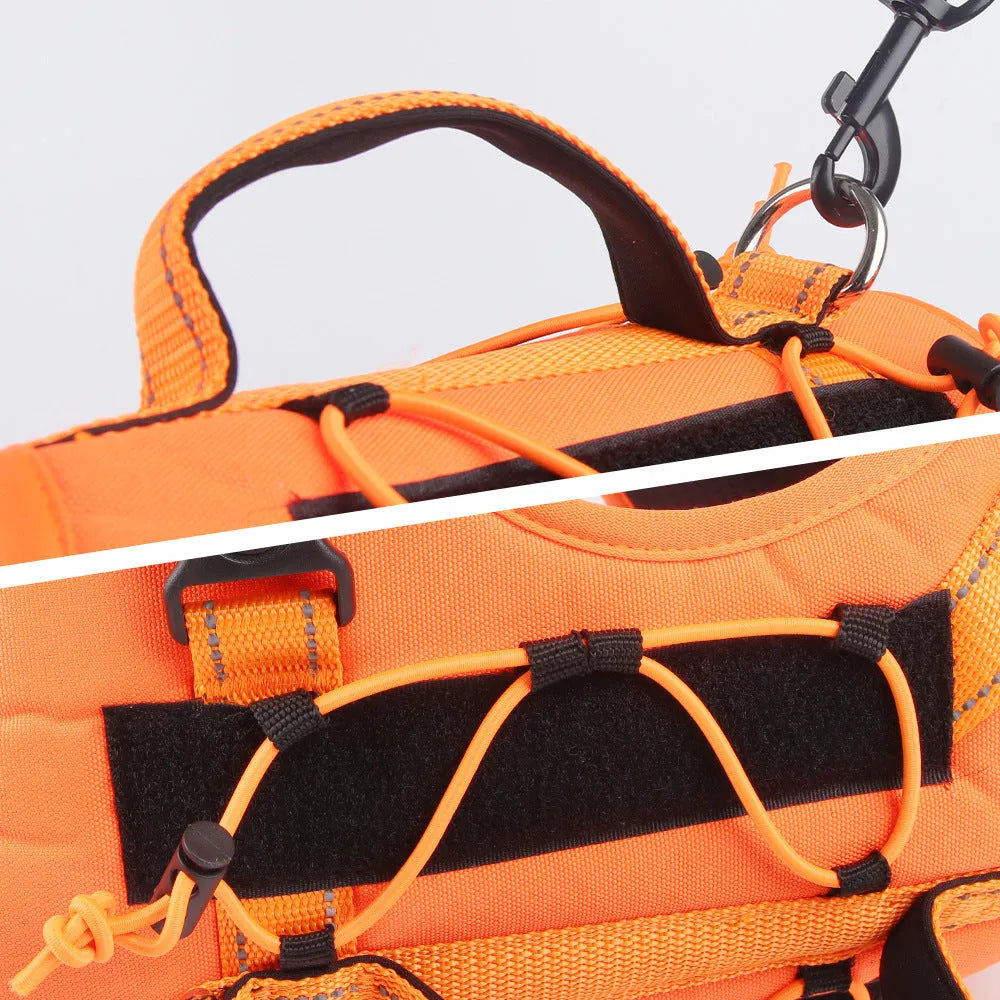 Orange dog harness vest with reflective strips, detachable hand-holding rope, and explosion-proof buckle closure
