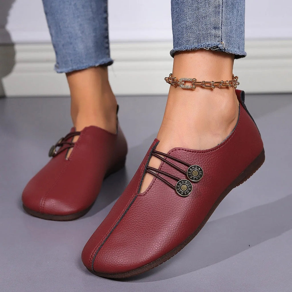 Women's casual square toe flats slip-on button loafers in beige, black, wine red, sizes 36-43