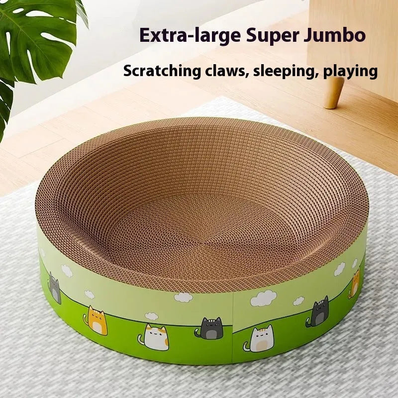 A large, round, beige corrugated cardboard cat scratch board with deep concentric grooves on its surface.