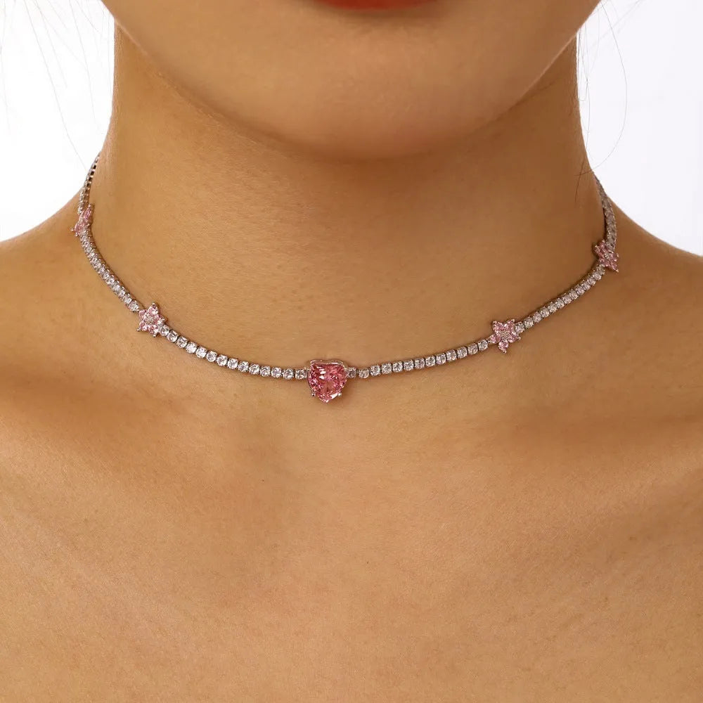 Women's 925 sterling silver tennis necklace with heart-shaped pendant and electroplated finish