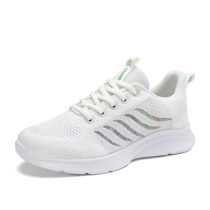 Women's middle-aged leisure mesh surface sneakers with rubber sole, front lace-up, flat heel, available in black