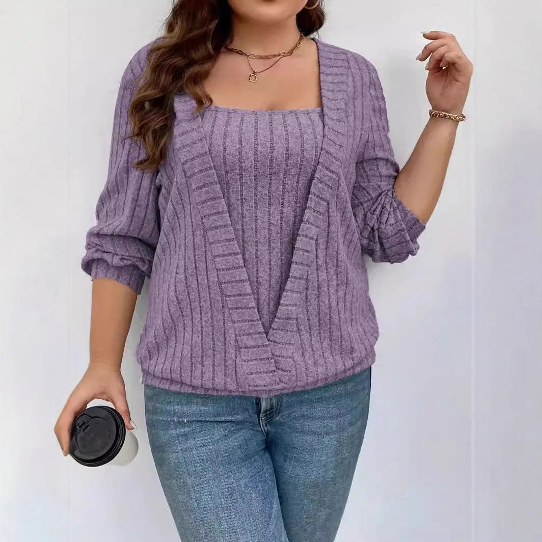 Women's solid colour rib fabric V-neck false two-piece suit with long sleeves in loose fit
