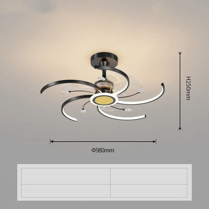 Black gold iron ceiling fan lamp with LED light, remote control, 68CM to 108CM size options