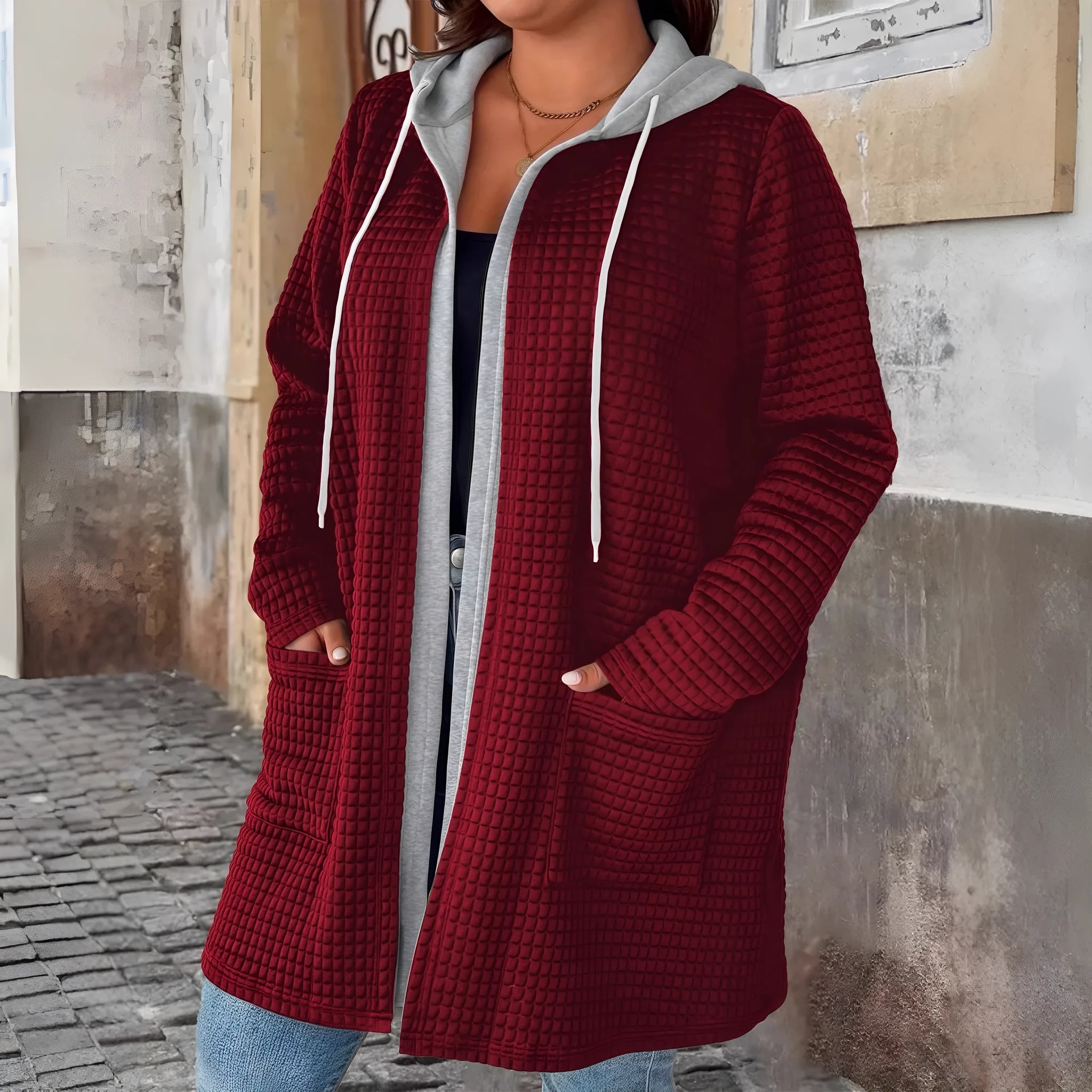 Women's hooded pocket cardigan jacket without buckle, loose fit, solid colour black, thin polyester spandex fabric