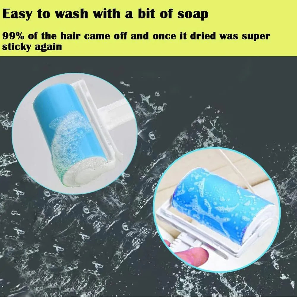 Washable reusable lint roller for removing pet hair from fabrics, shown with protective cover in blue, green, pink or yellow.
