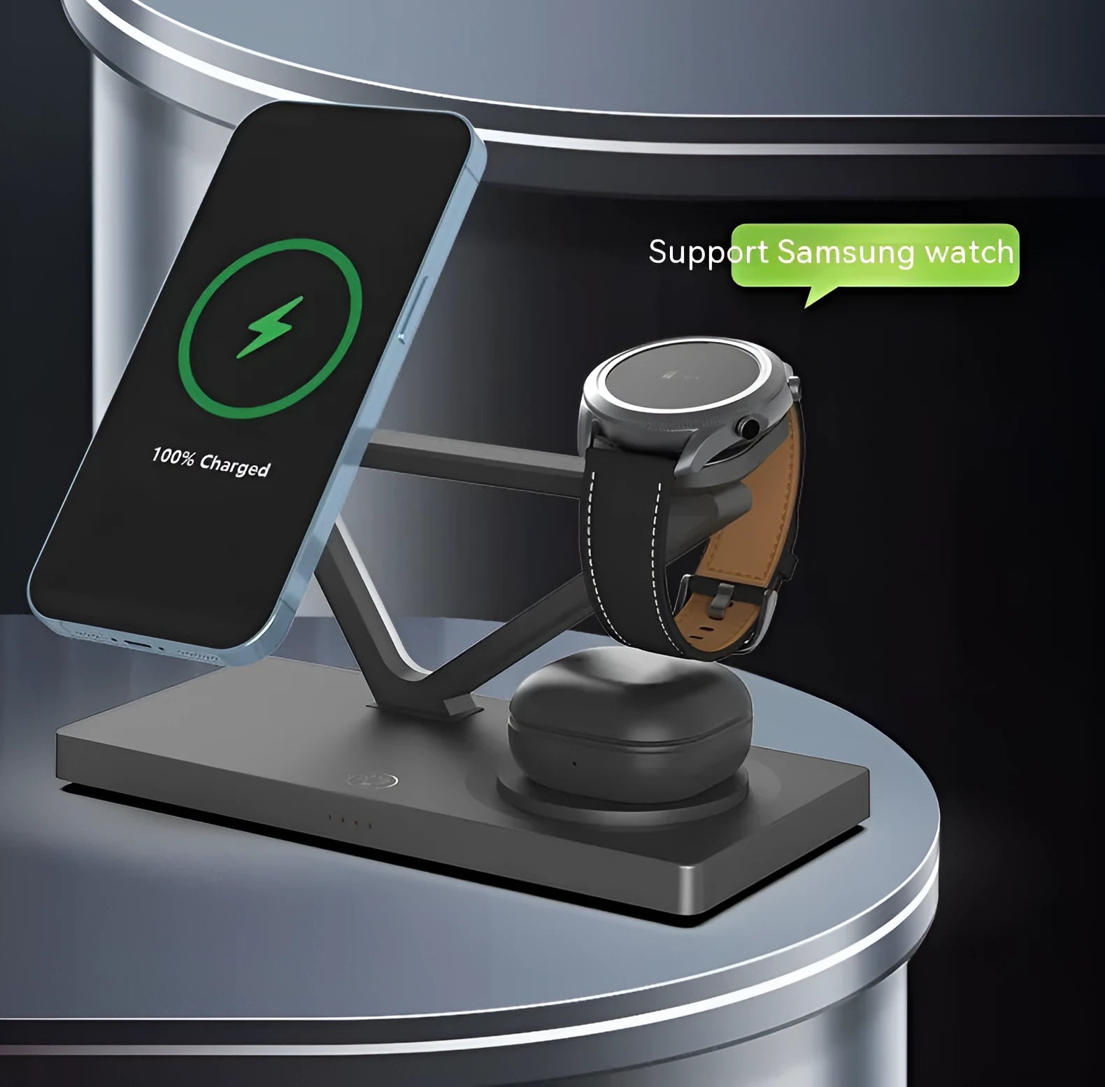 A compact white five-in-one wireless charging station with a magnetic phone bracket, watch charger, and night light.