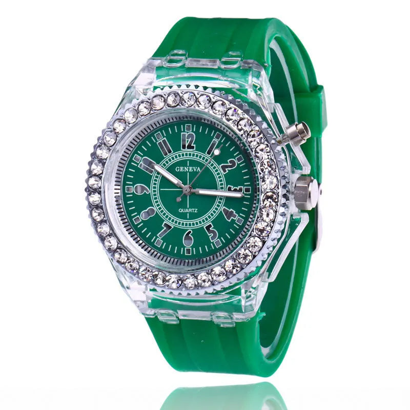 Geneva women’s LED luminous quartz watch with silicone strap, 43mm round alloy case, and pin buckle