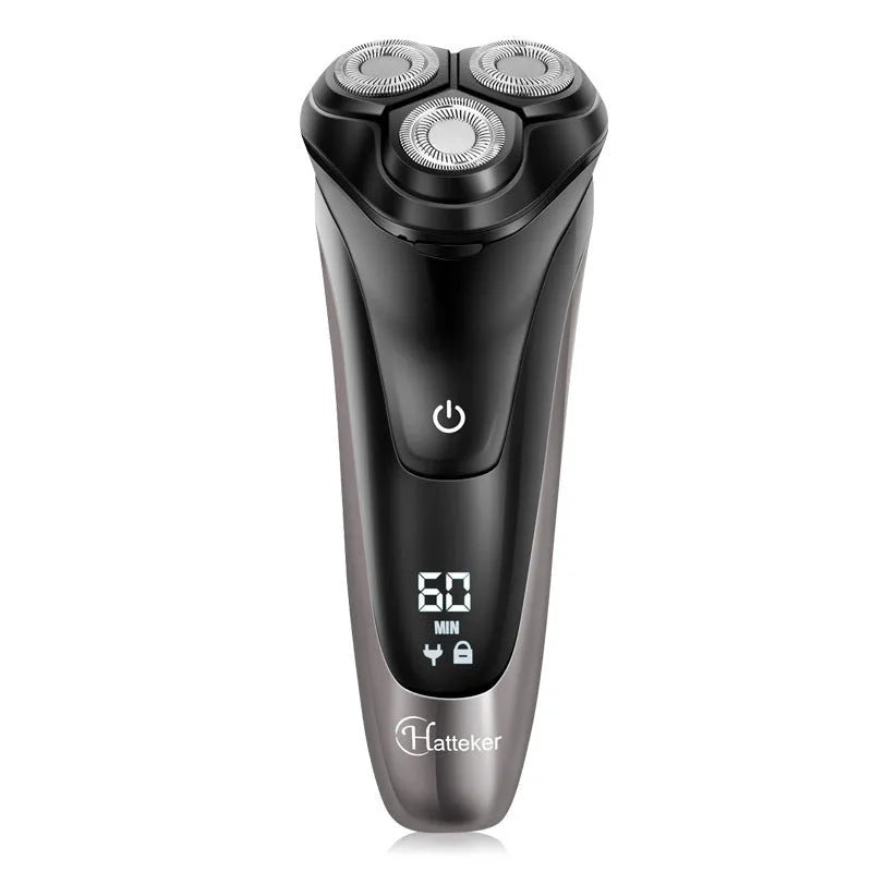 Men's electric shaver kit with three floating heads, pop-up trimmer, USB cable, and accessories on grey background