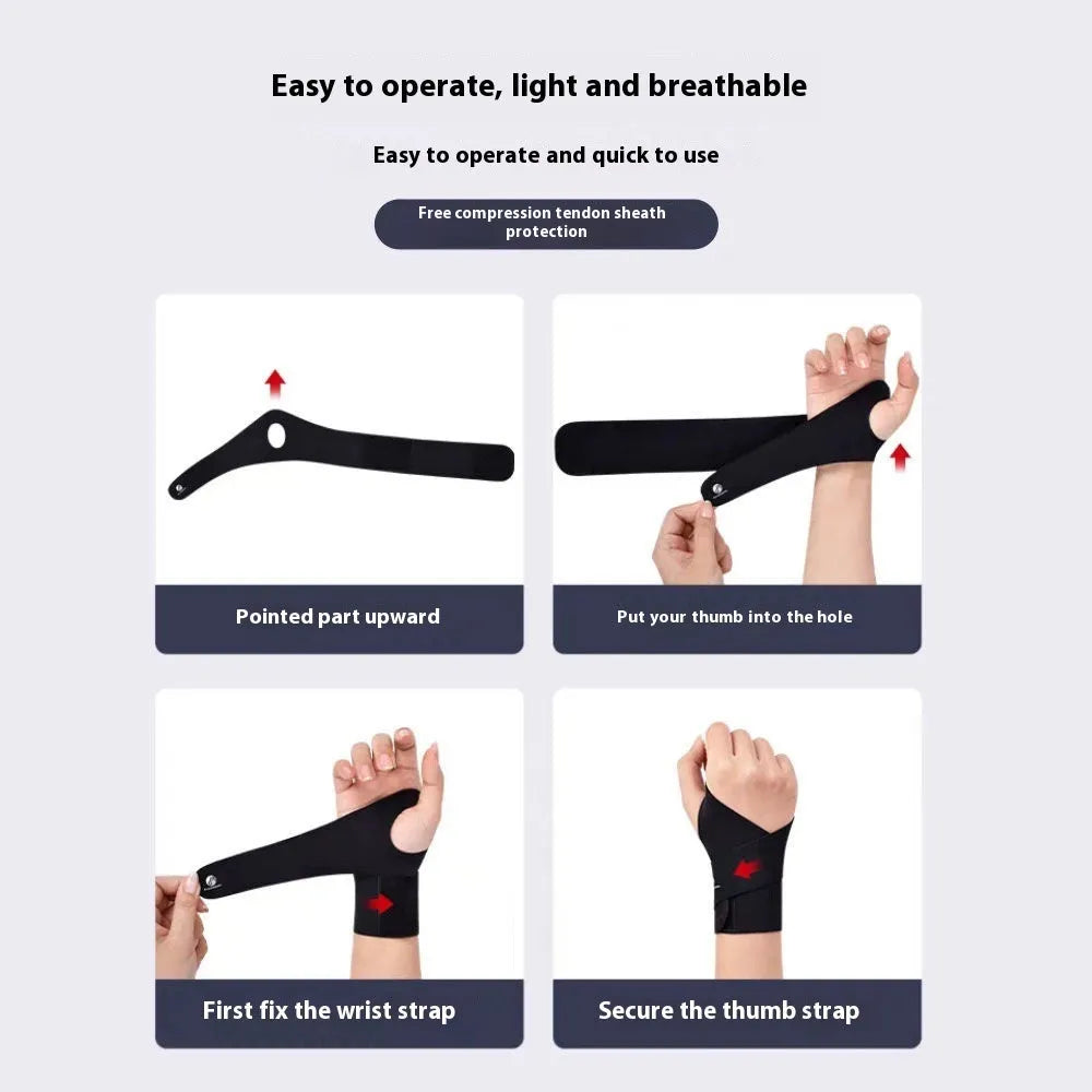 Adjustable black athletic wristguard worn on a wrist during activity.