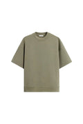 Loose fit short sleeve casual top with double-sided texture in blue, shown with a round collar.