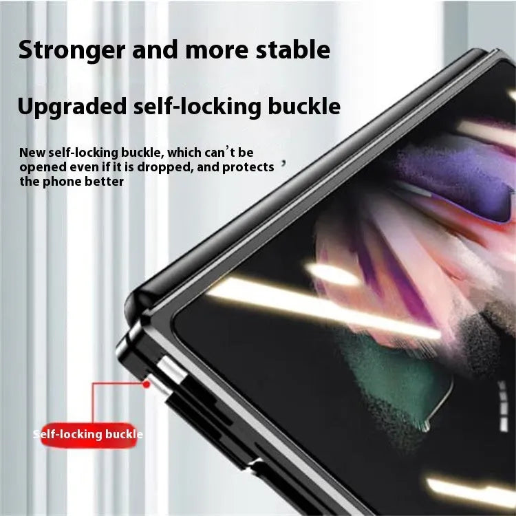Samsung Z Fold magnetic suction glass phone case in transparent mirror finish with metal body and anti-fingerprint surface.