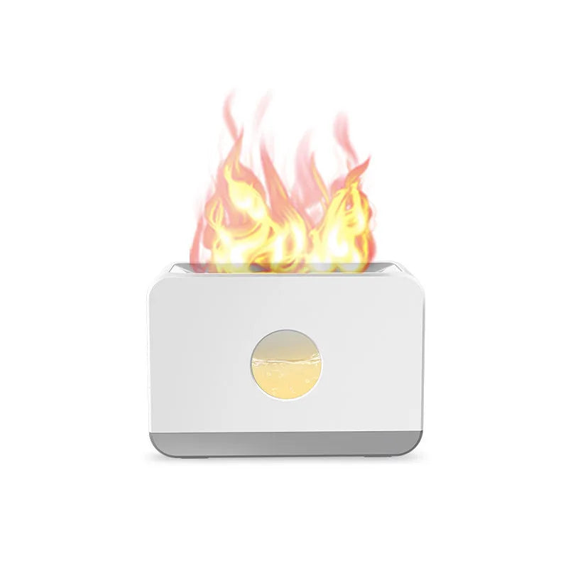 Two-colour flame aromatherapy humidifier with remote control, square plastic design, and water tank