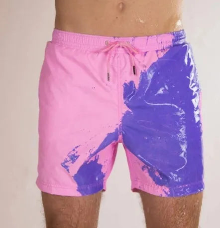 Magical colour-changing beach shorts for men in blue, with drawstring waist and quick-dry polyester fabric