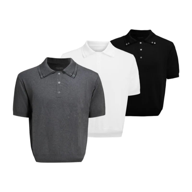 Men's loose fit double collar short sleeve polyester shirt in solid colour with fastener decoration