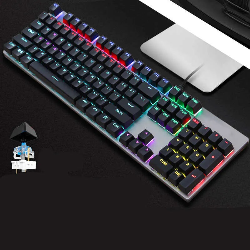 AOC GK410 wired mechanical keyboard with metal body and white backlit keys on a dark desk.