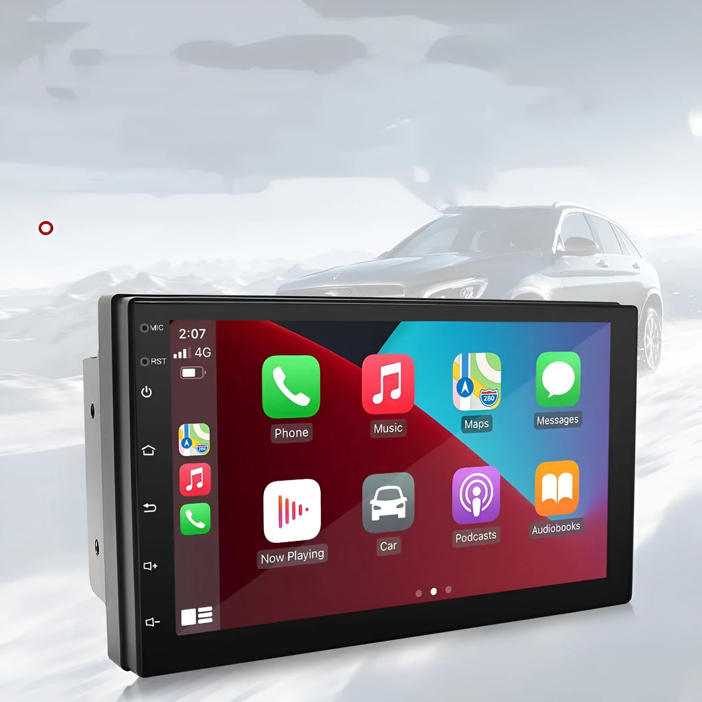 Black universal in-car MP5 player with 7-inch touchscreen for GPS navigation, CarPlay, and Android Auto.