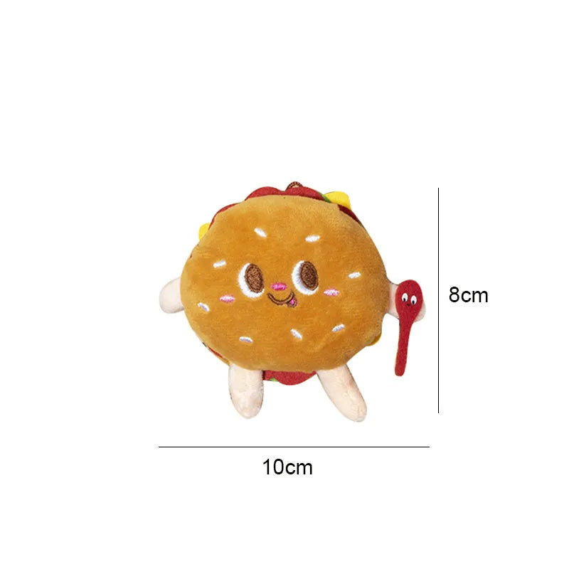 Five soft chew toys for kittens shaped like hamburger, chicken leg, fries, bread, and hot dog