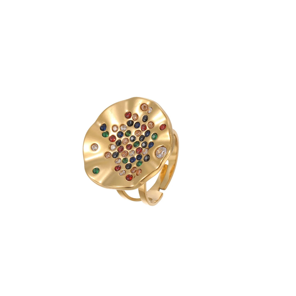Geometric titanium steel ring with pleated colour diamond detailing and open mouth adjustable design