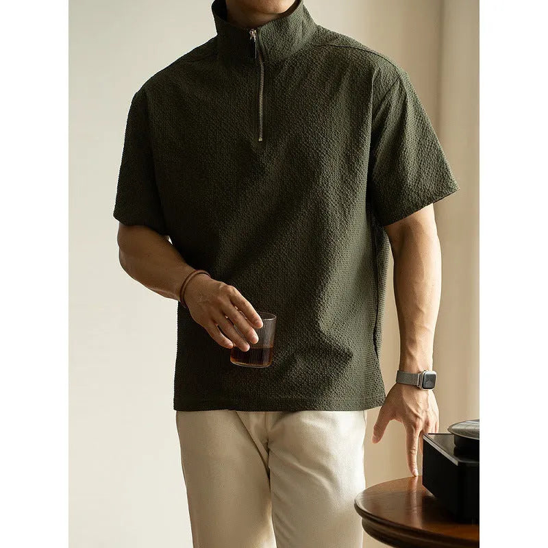 Men's loose fit ice silk short sleeve t-shirt in cedar green, showing casual style.