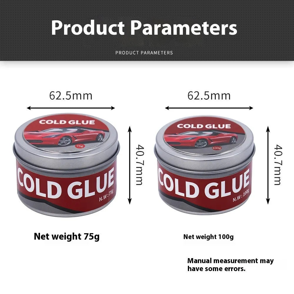 Container of special cold glue for automobile depression repair with applicator, shown in 75g and 100g sizes.