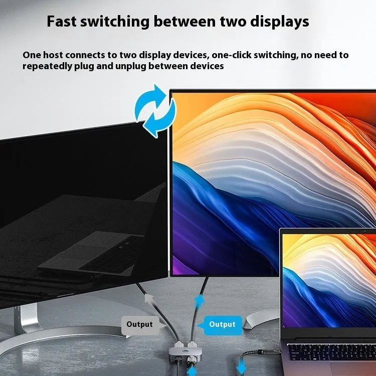 Grey alloy computer video cable adapter splitter box for HD TV connection.
