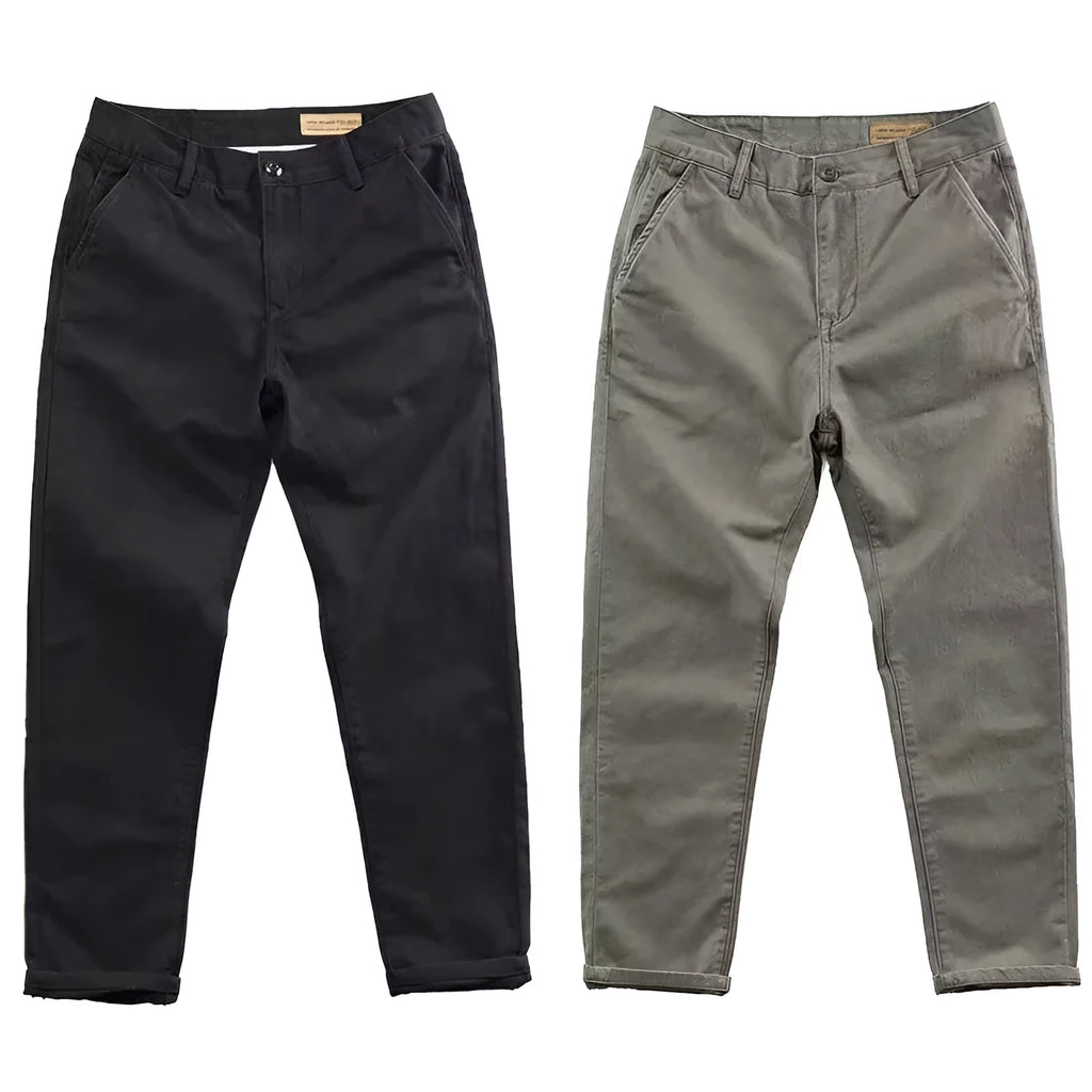 Men's slim fit casual trousers in a grey washed fabric with a straight leg.