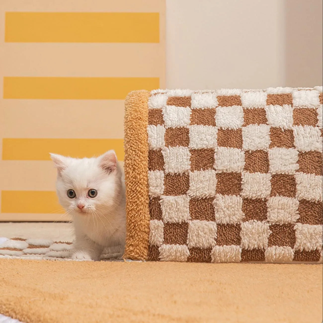 XL yellow plush pet bed with a connected tunnel and granular anti-slip base.