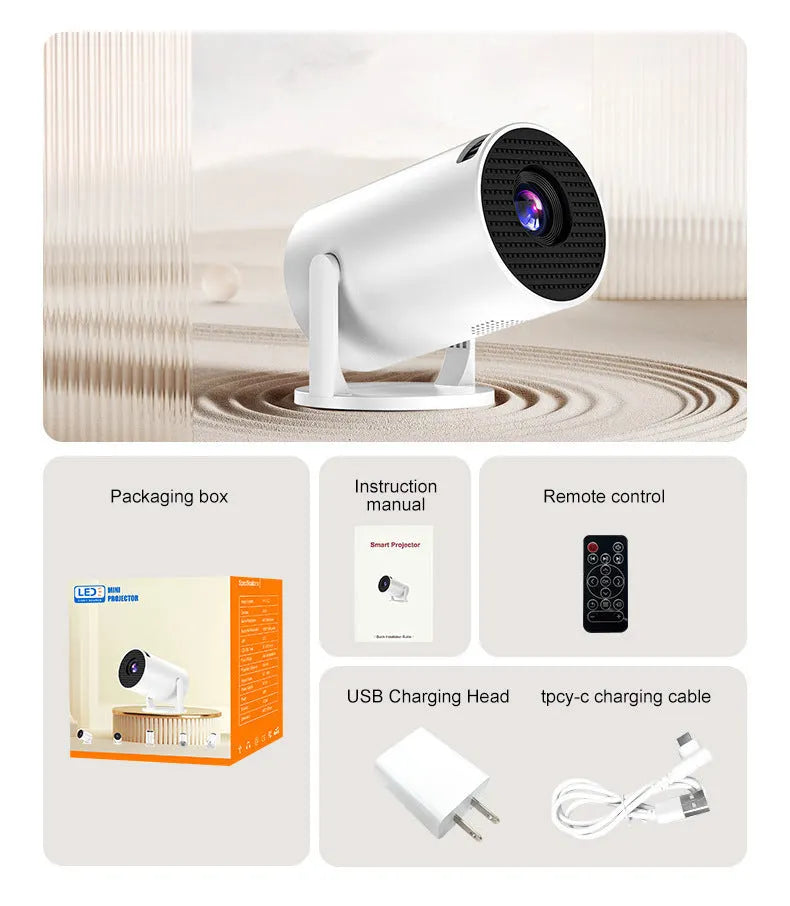 White portable mini wireless HD projector for home cinema use.