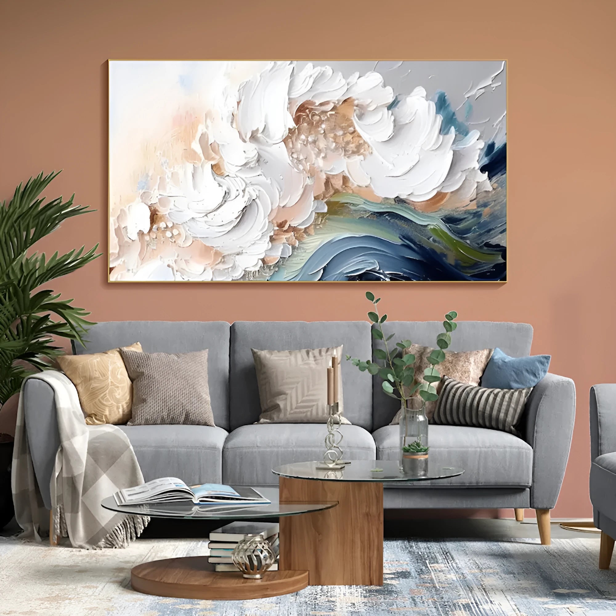 Modern abstract handmade oil painting heavy texture white waves unframed large canvas wall art