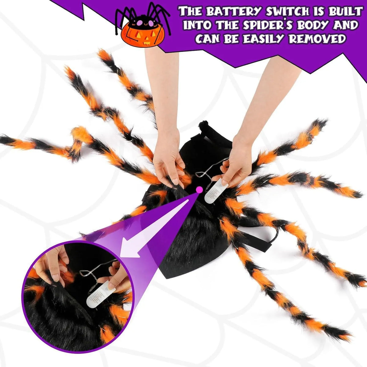 Halloween luminous spider pet costume in cloth for cats and large dogs, sizes S 60cm to L 125cm