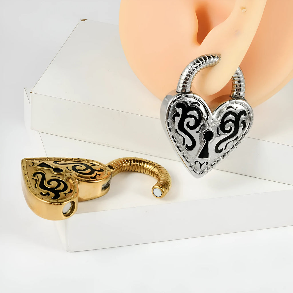 Women's stainless steel heart-shaped earrings with electroplated gold or steel colour finish
