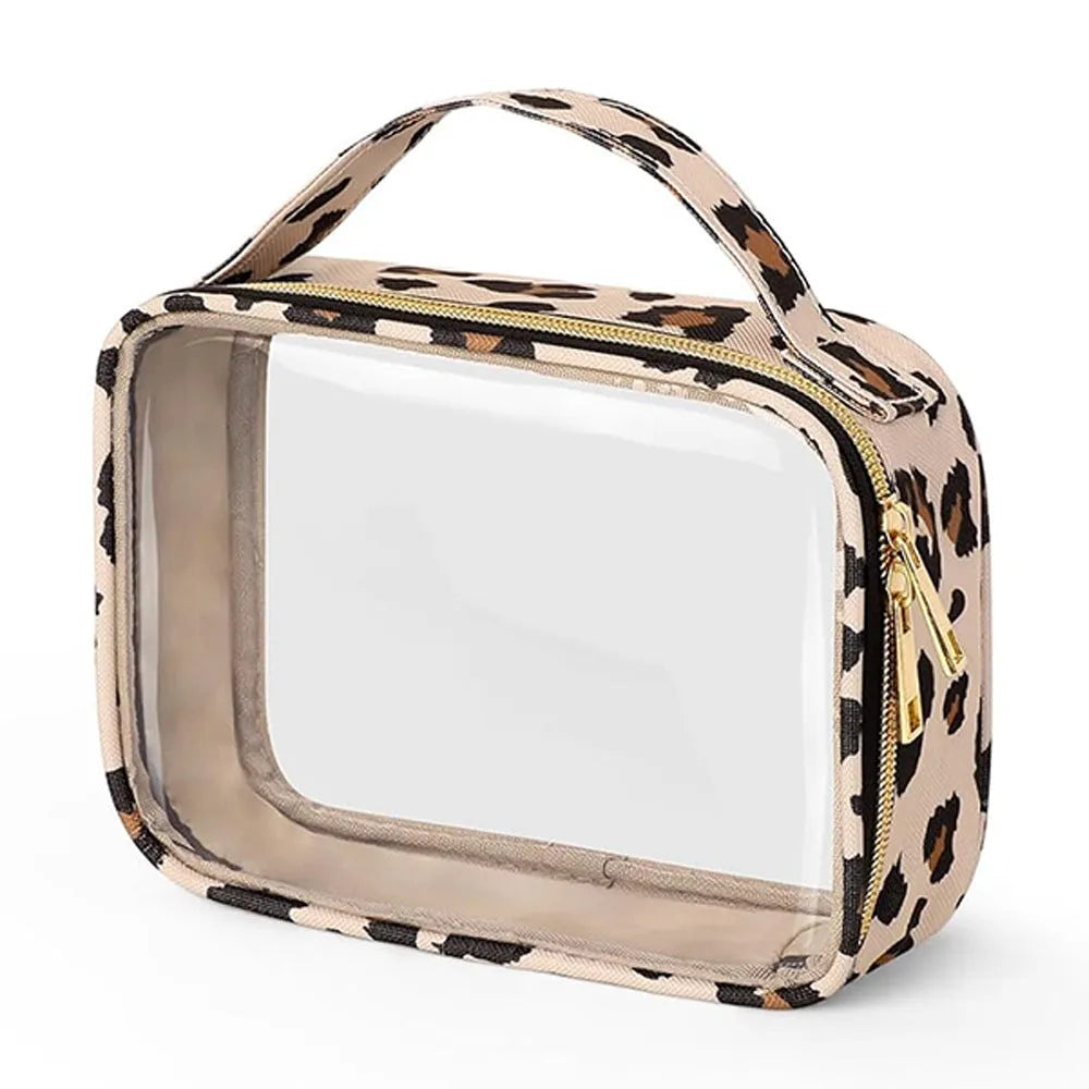 Transparent PVC makeup organiser bag with chain handle in assorted colours on a plain background.