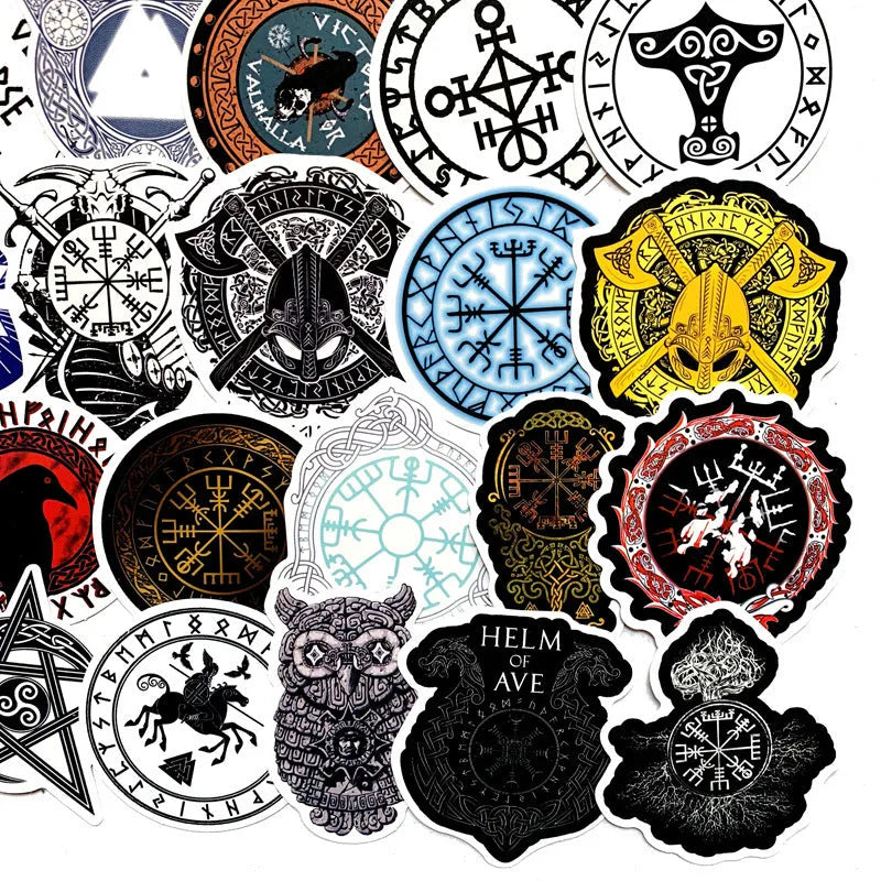 Ancient Rune Series PVC stickers, 50 runes, irregular shapes, 5-8 cm, for luggage, car, skateboard, and laptop