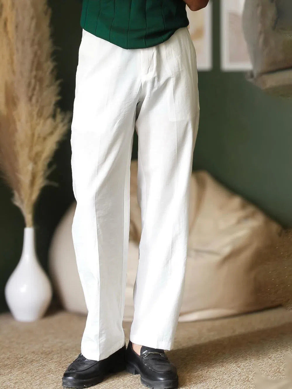 White high waist full-length women's trousers in polyester, regular fit, inelastic, sizes S to 2XL