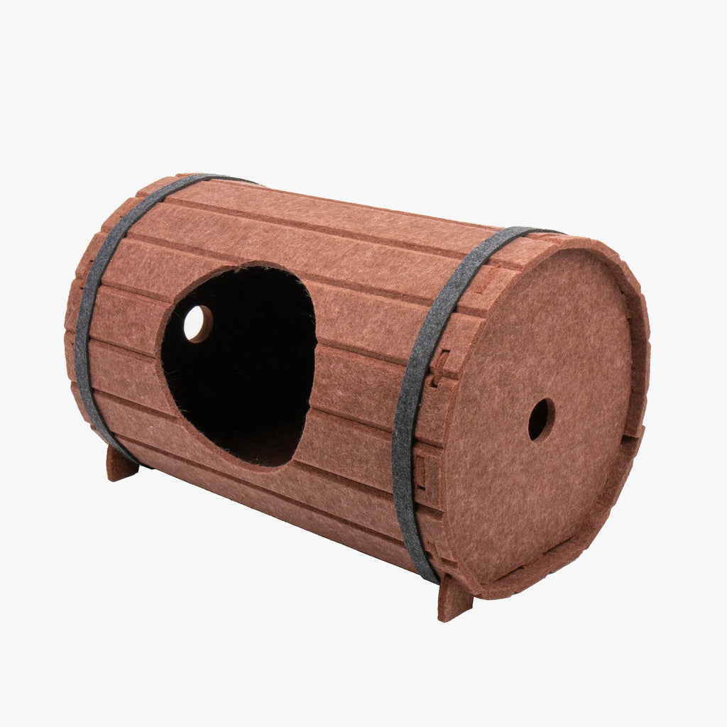 Assembled wine barrel shaped cat bed made from brown polyester fibre felt pieces