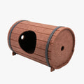 Assembled wine barrel shaped cat bed made from brown polyester fibre felt pieces