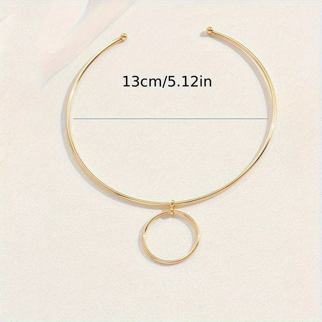 Gold metal geometric round pendant choker necklace on women link chain copper base