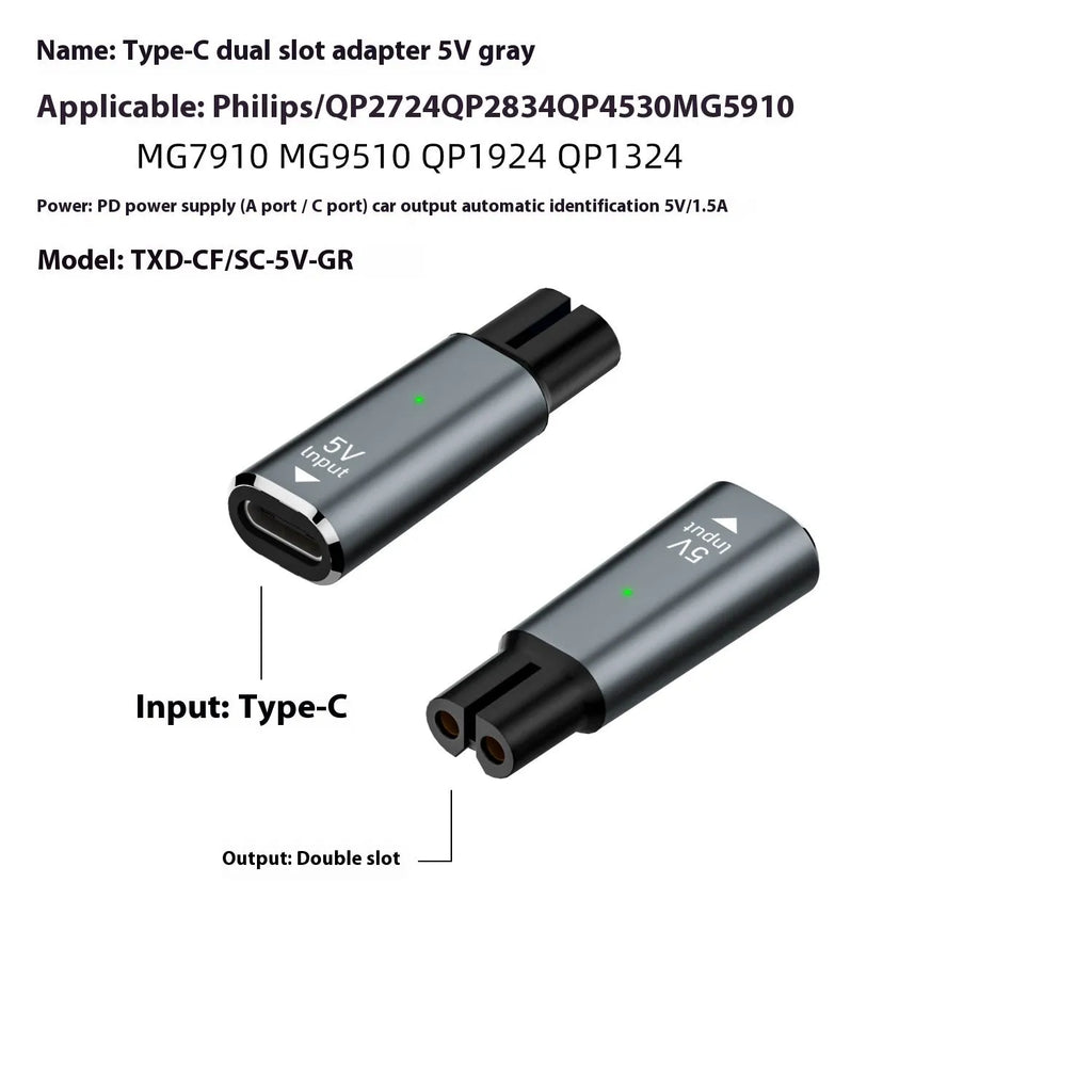 USB-C charging adapter for electric shaver with aluminium alloy case in black or grey colour