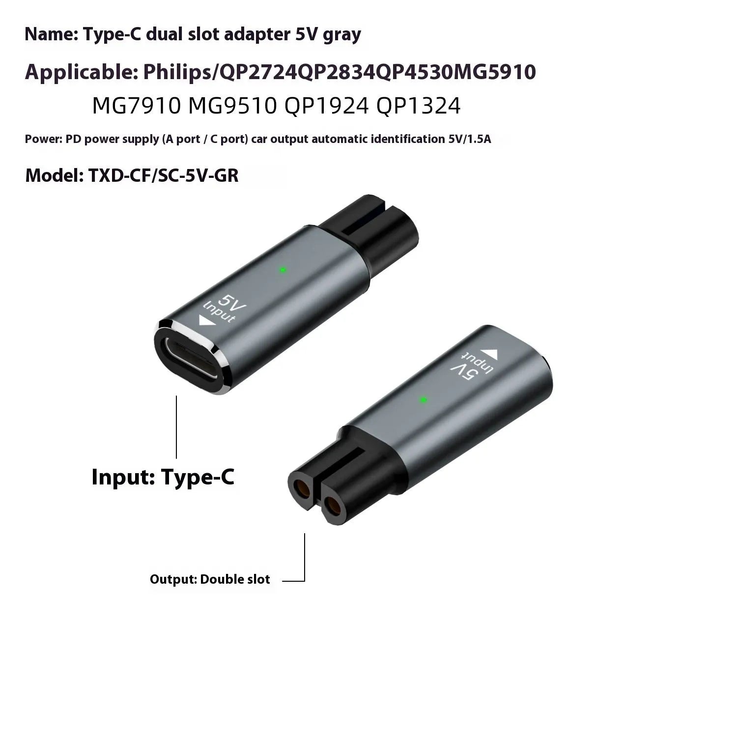 USB-C charging adapter for electric shaver with aluminium alloy case in black or grey colour