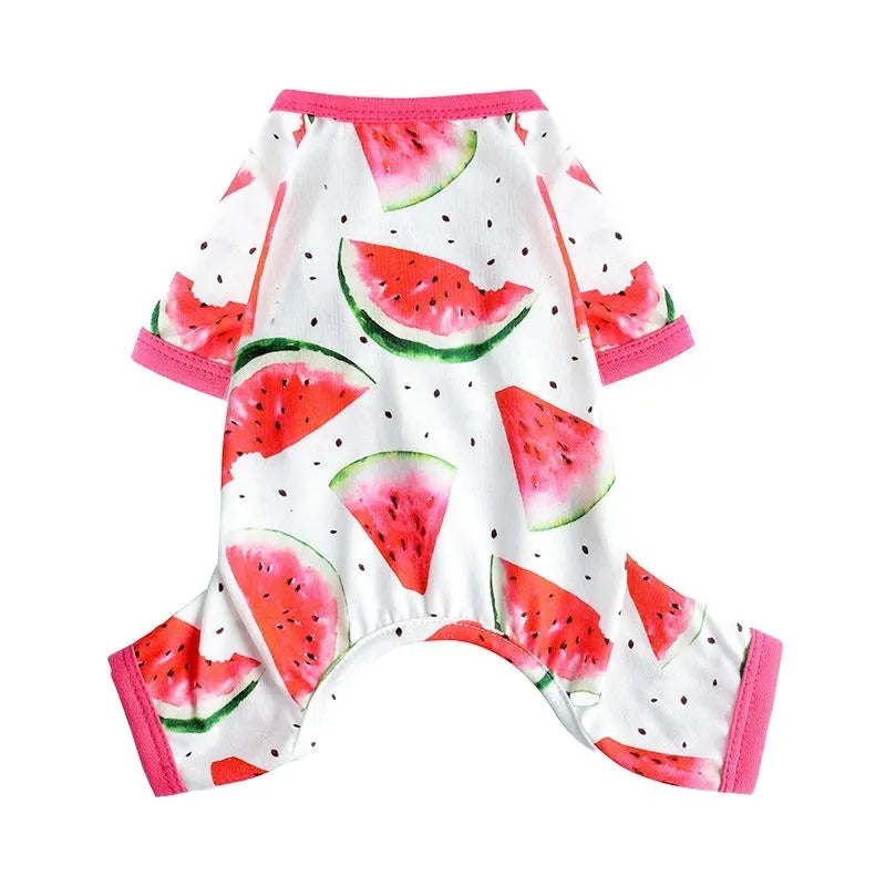 Watermelon red four-leg dog jumpsuit with watermelon print, polyester pet clothing in sizes XS to 2XL