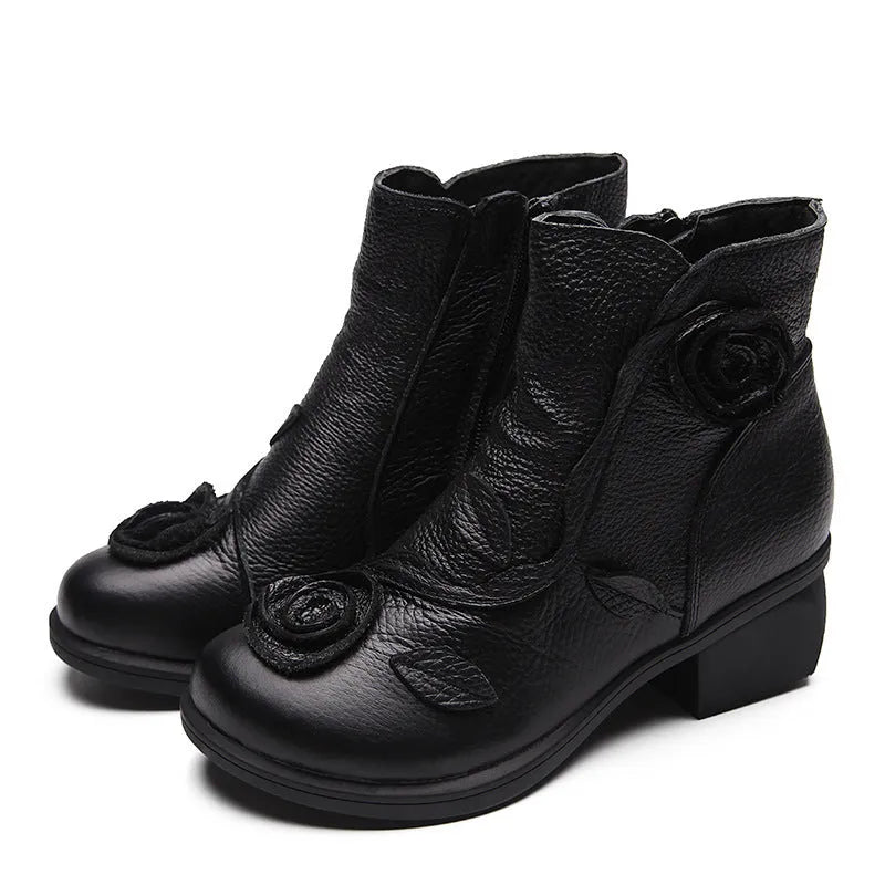 Chunky heel genuine leather Martin boots with flower embossing and stitching in red with velvet lining