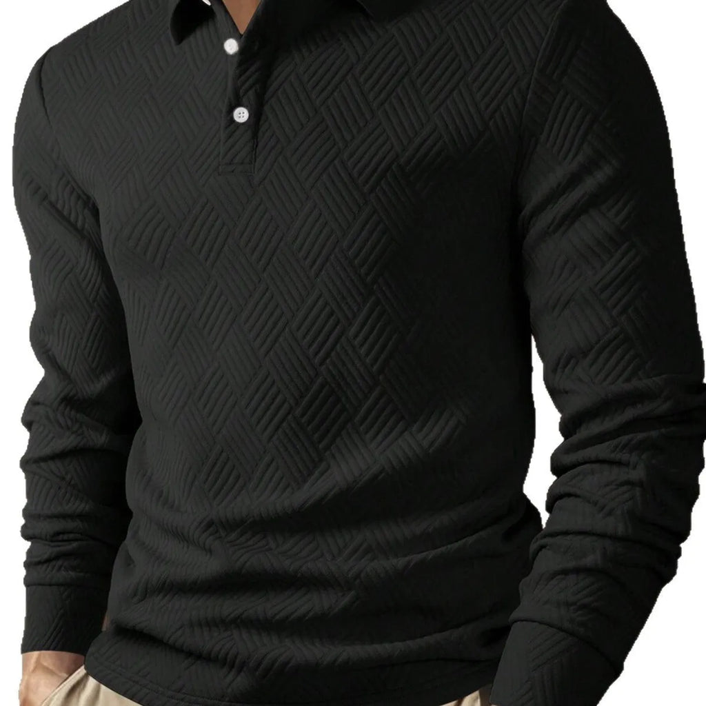 Men's long sleeve polo shirt, loose fit, solid colour, lapel collar, polyester, casual daily top