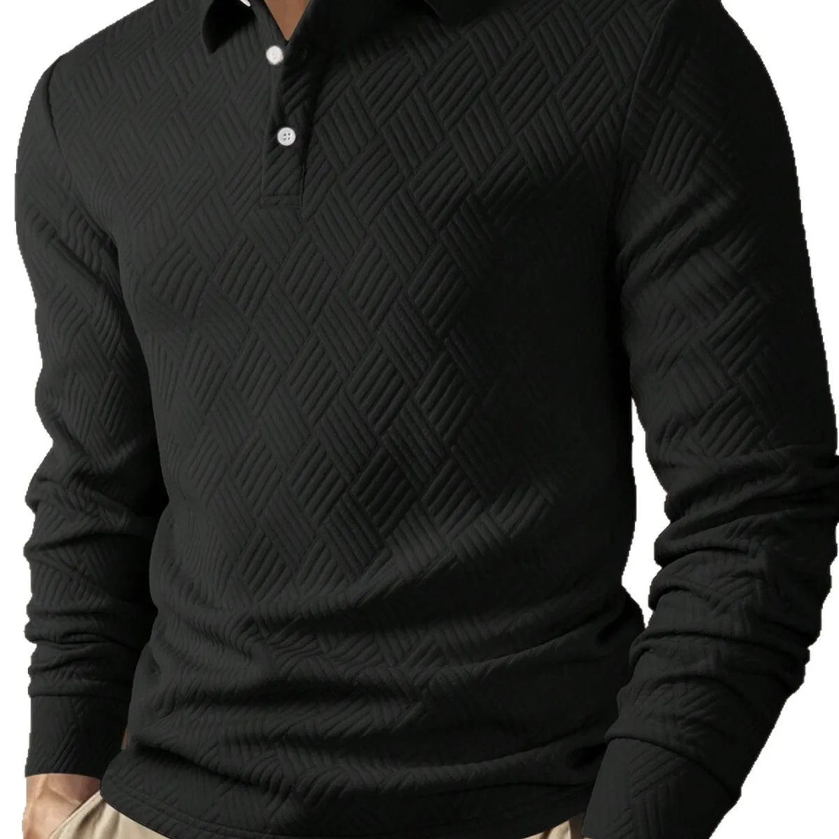 Men's long sleeve polo shirt, loose fit, solid colour, lapel collar, polyester, casual daily top