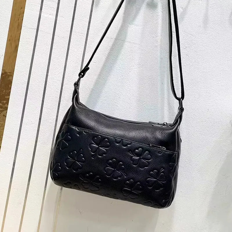 Genuine leather large capacity crossbody shoulder bag in black plaid with horizontal square shape