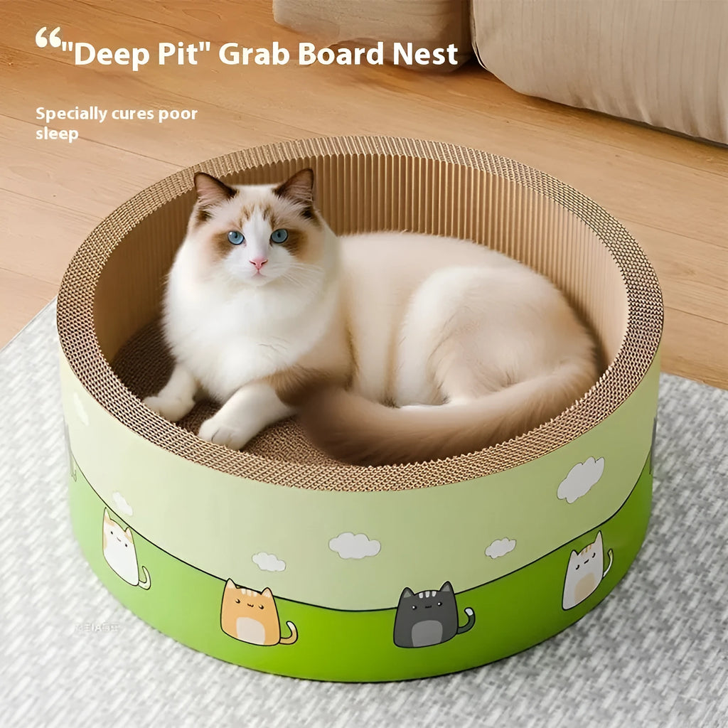 A large, round, beige corrugated cardboard cat scratch board with deep concentric grooves on its surface.