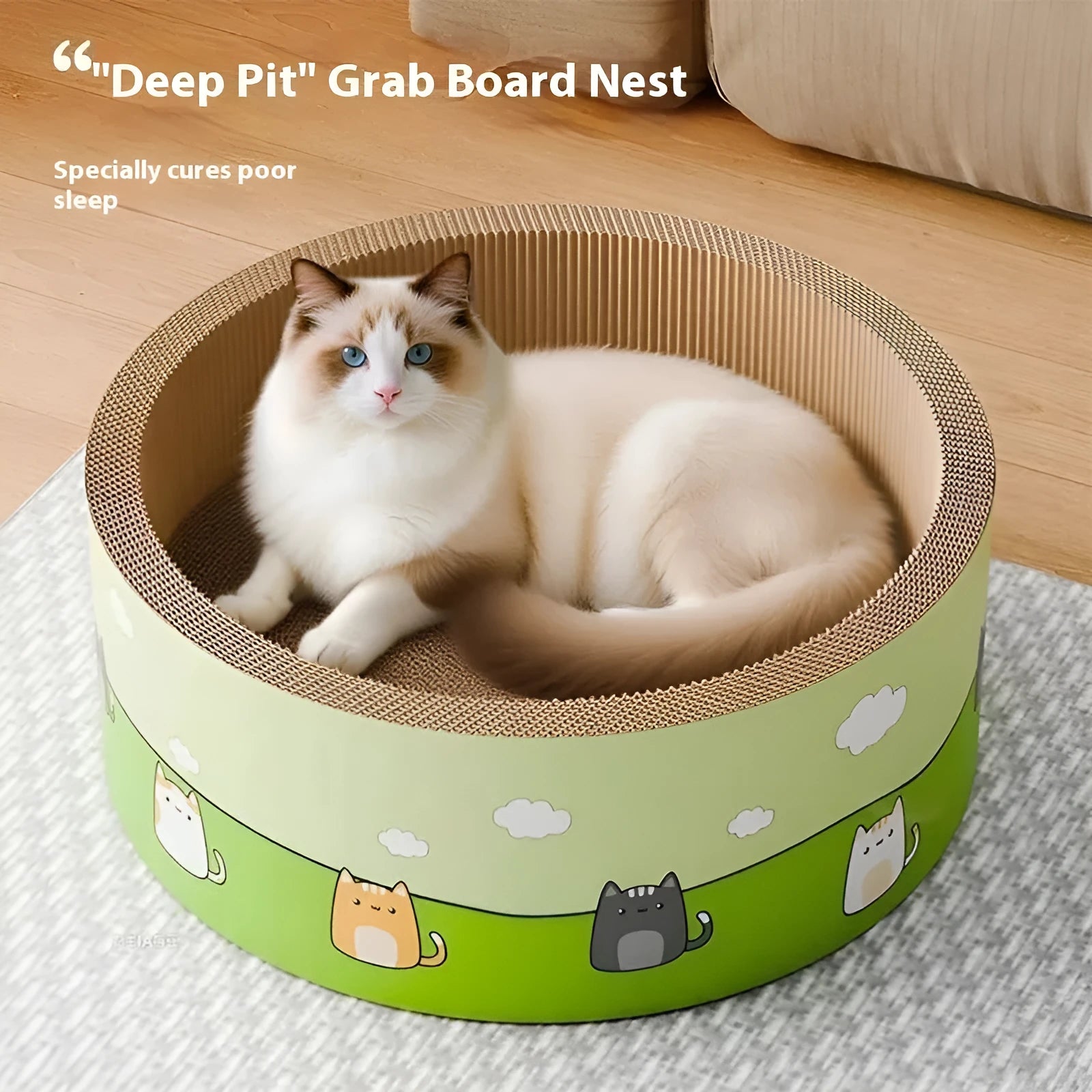 A large, round, beige corrugated cardboard cat scratch board with deep concentric grooves on its surface.