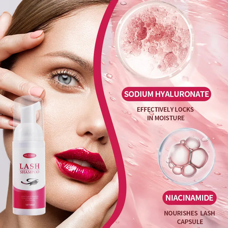 60ml bottle of Lash Shampoo Mousse eyelash cleaning solution on a beauty background.