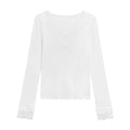 White V-neck Dralon lace stitching brushed long sleeve knitted top for women, slim fit, polyester, front view
