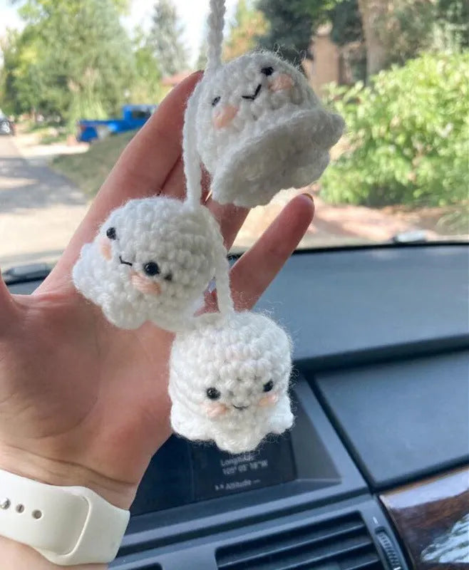Plush hand-woven car hanging ornament in a cartoon design, made from soft polyester fabric.